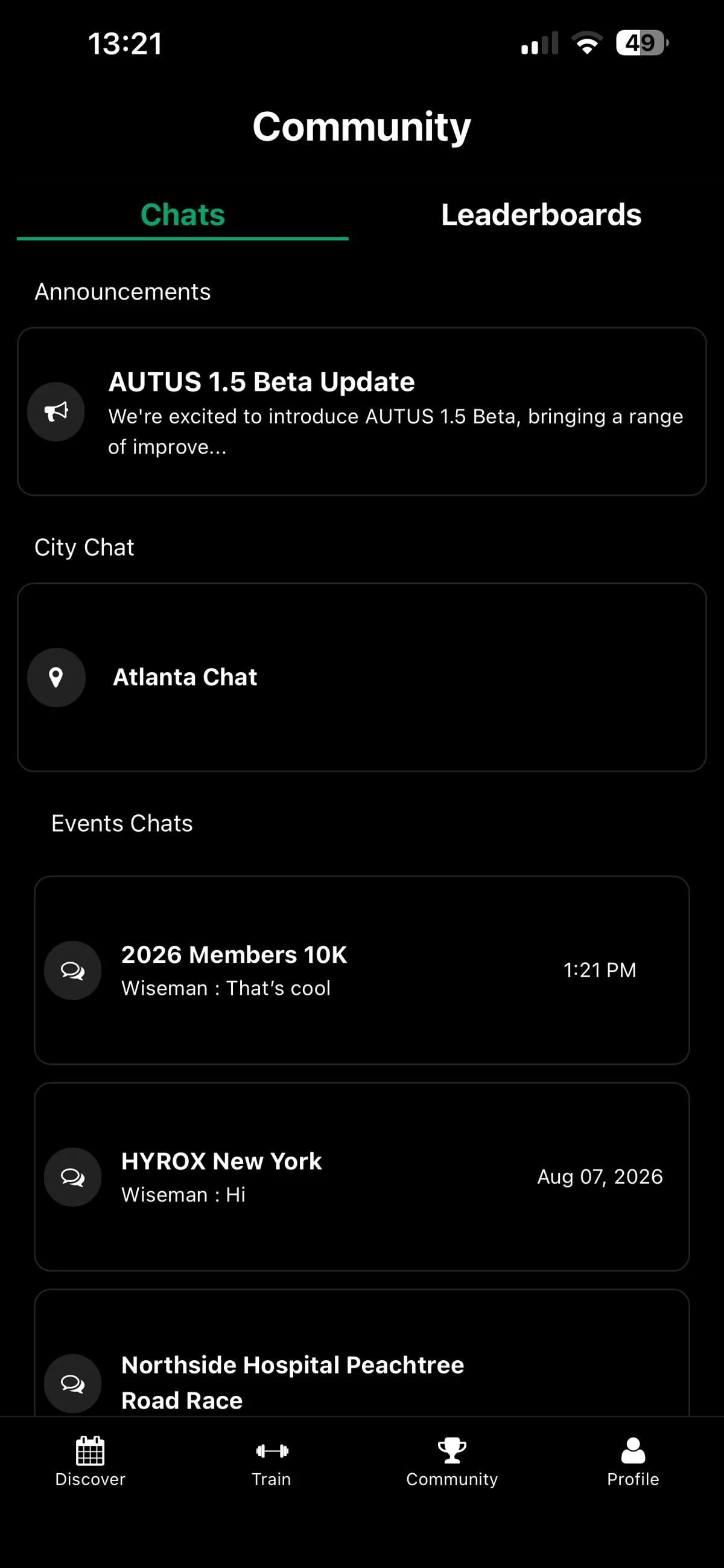AUTUS Community screen with chats and leaderboards