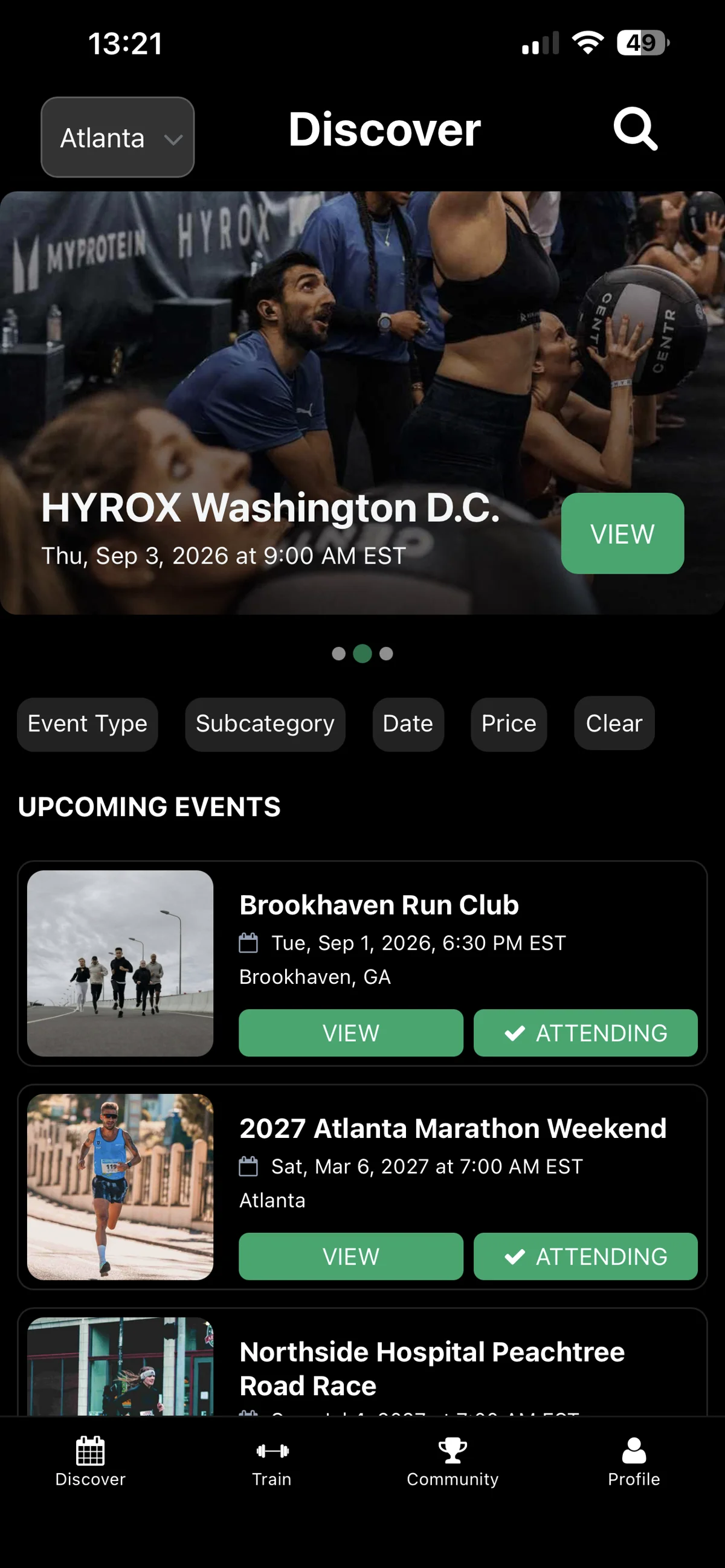 AUTUS Discover screen showing upcoming fitness events in Atlanta