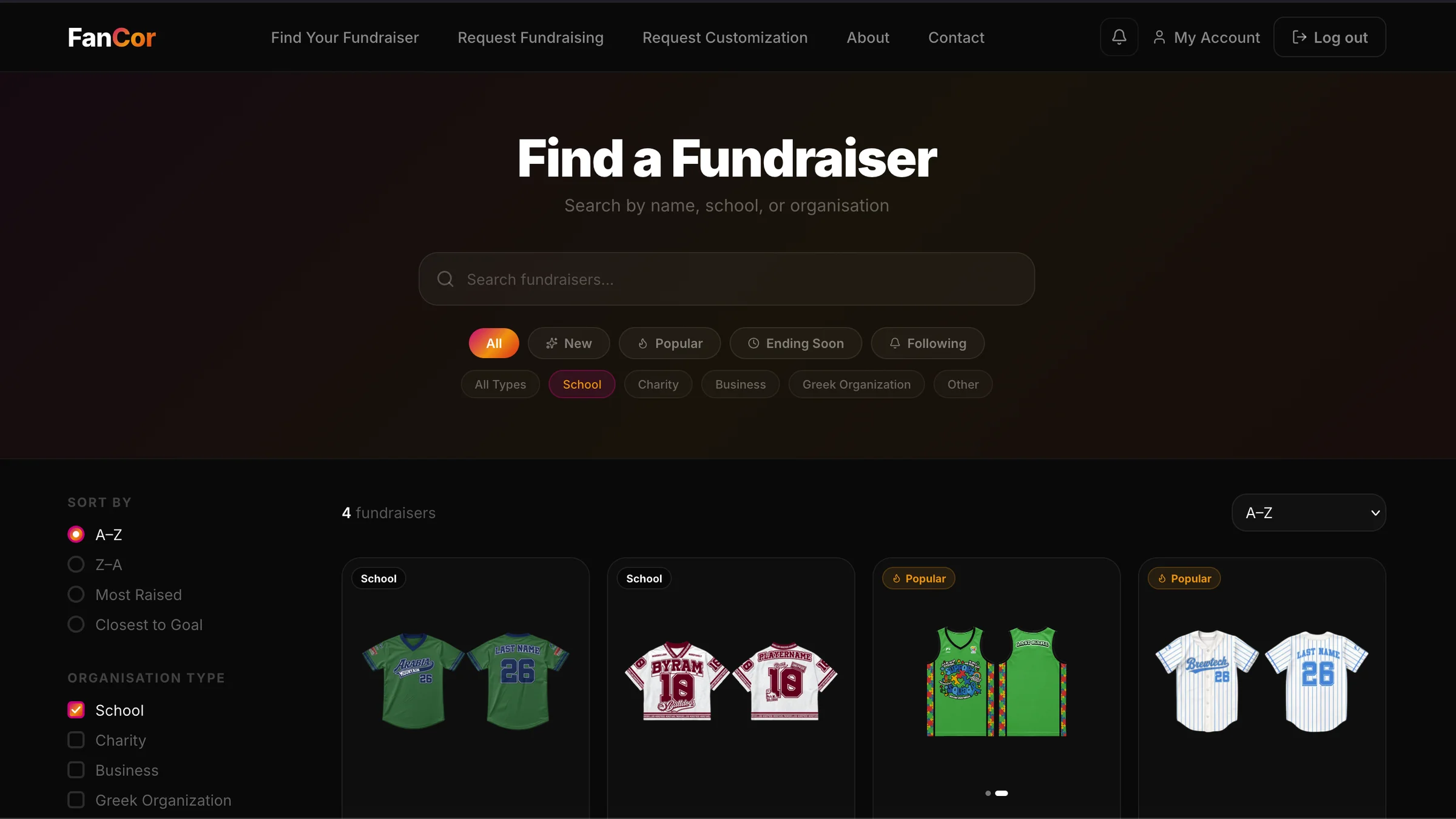 FanCor's Find a Fundraiser search and browse screen